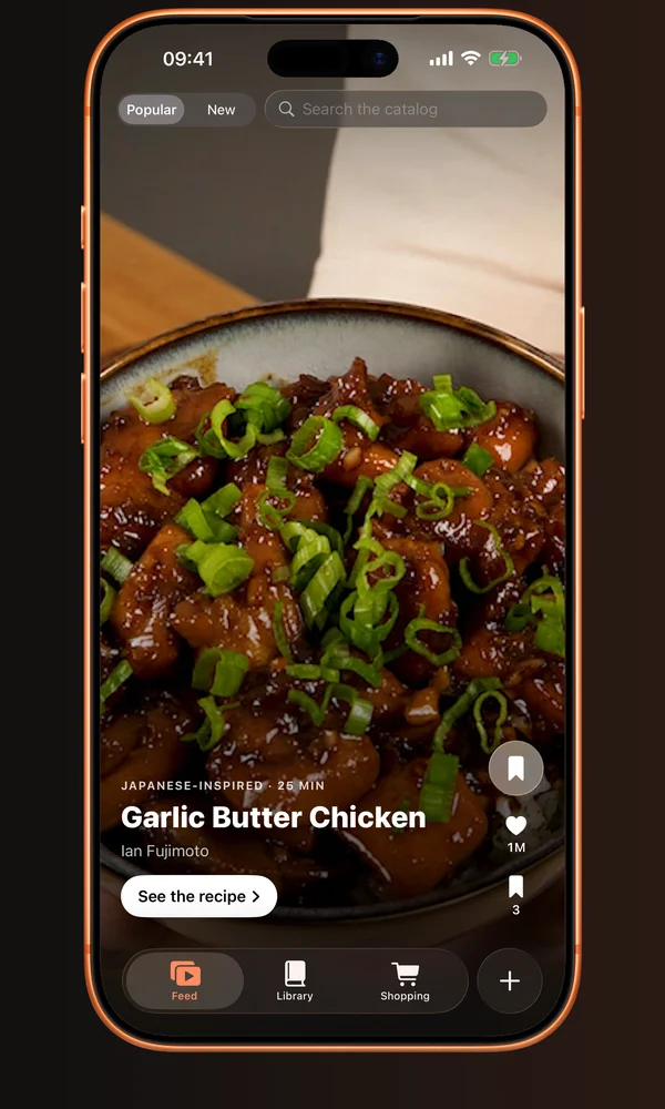 Stovie feed screen showing a saved recipe